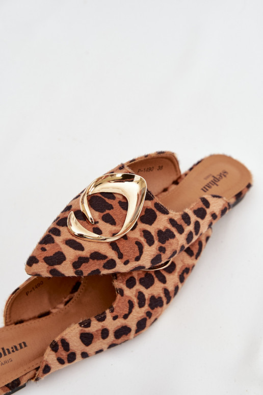 Dámske papuče Mule S Ornatem zlatej farbym Detalem so vzormi leopardej kožušiny Galvella