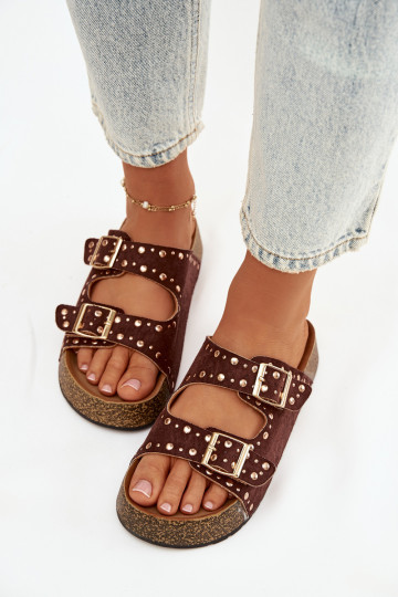 Dámske papuče Ze zlatej farbymi s prackamimi A cvoky Hnedá farba Tervina