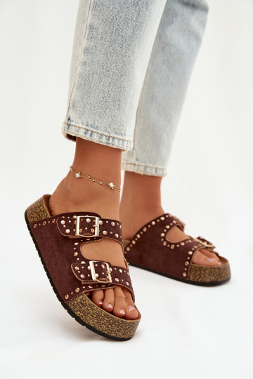 Dámske papuče Ze zlatej farbymi s prackamimi A cvoky Hnedá farba Tervina 2