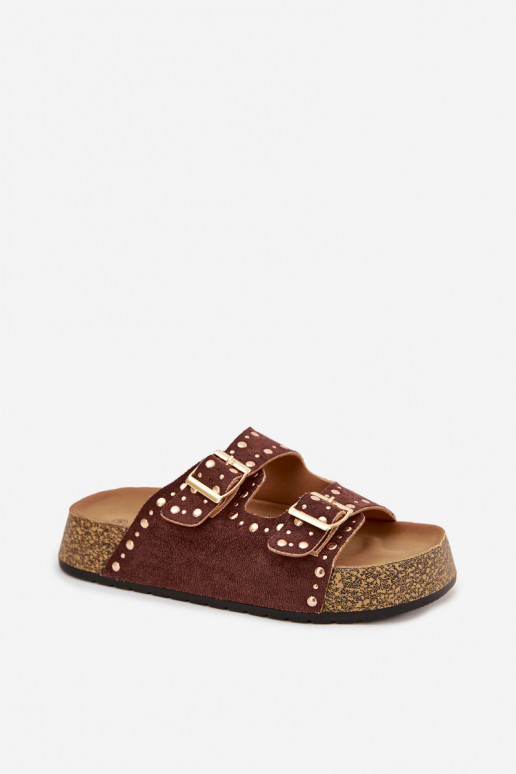 Dámske papuče Ze zlatej farbymi s prackamimi A cvoky Hnedá farba Tervina