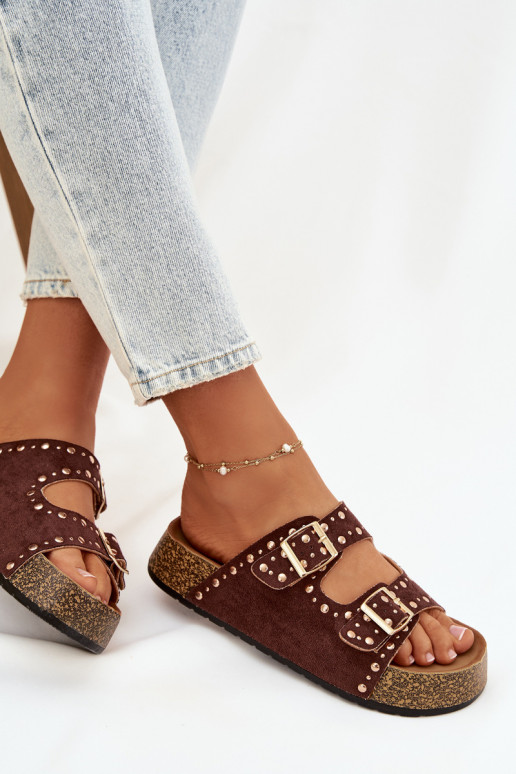 Dámske papuče Ze zlatej farbymi s prackamimi A cvoky Hnedá farba Tervina