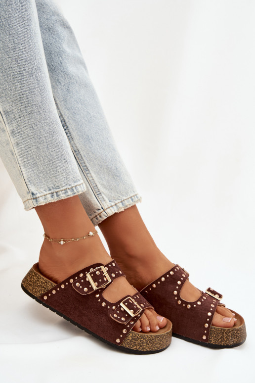 Dámske papuče Ze zlatej farbymi s prackamimi A cvoky Hnedá farba Tervina