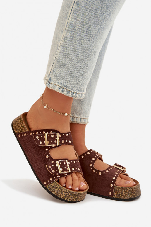 Dámske papuče Ze zlatej farbymi s prackamimi A cvoky Hnedá farba Tervina