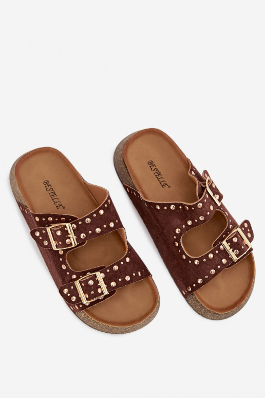 Dámske papuče Ze zlatej farbymi s prackamimi A cvoky Hnedá farba Tervina