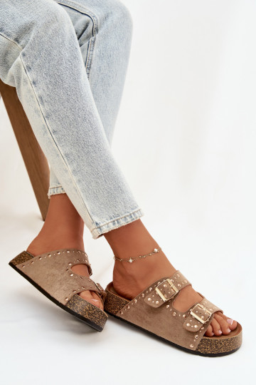 Dámske papuče Ze zlatej farbymi s prackamimi A cvoky khaki farby Tervina