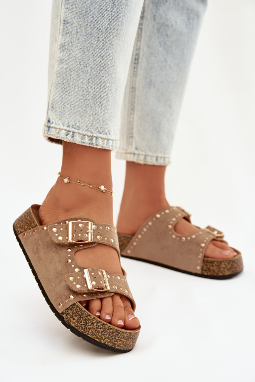 Dámske papuče Ze zlatej farbymi s prackamimi A cvoky khaki farby Tervina