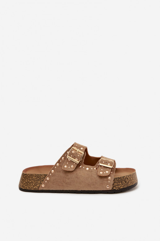 Dámske papuče Ze zlatej farbymi s prackamimi A cvoky khaki farby Tervina