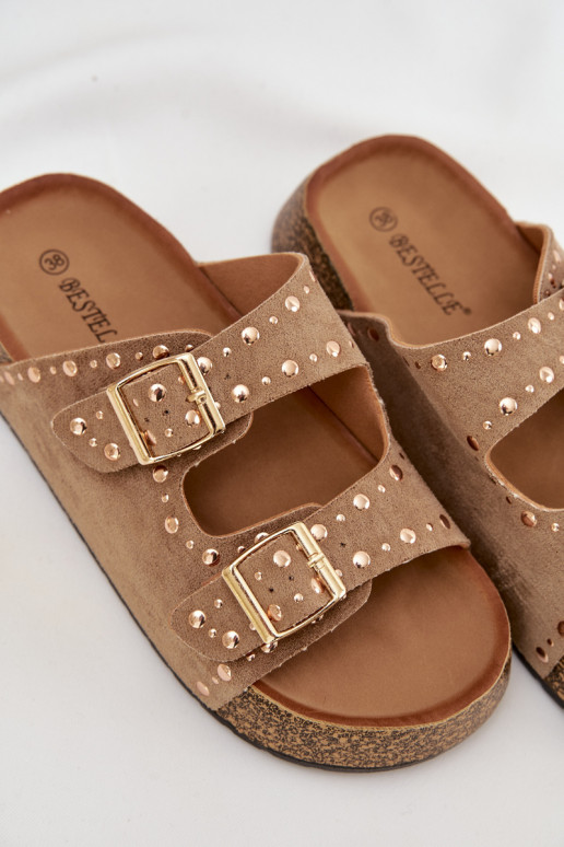 Dámske papuče Ze zlatej farbymi s prackamimi A cvoky khaki farby Tervina