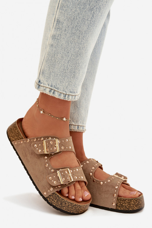 Dámske papuče Ze zlatej farbymi s prackamimi A cvoky khaki farby Tervina