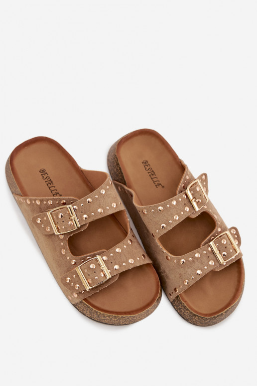 Dámske papuče Ze zlatej farbymi s prackamimi A cvoky khaki farby Tervina