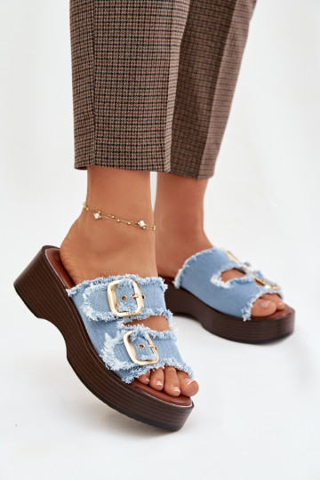 Dámske papuče s platformou Ze zlatej farbymi s prackamimi Modrá Renelisse 2