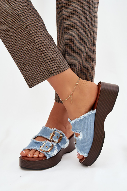 Dámske papuče s platformou Ze zlatej farbymi s prackamimi Modrá Renelisse