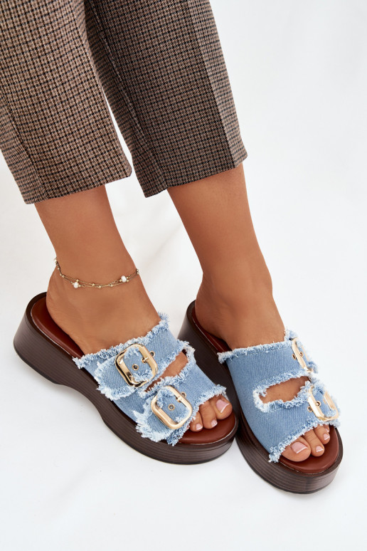 Dámske papuče s platformou Ze zlatej farbymi s prackamimi Modrá Renelisse