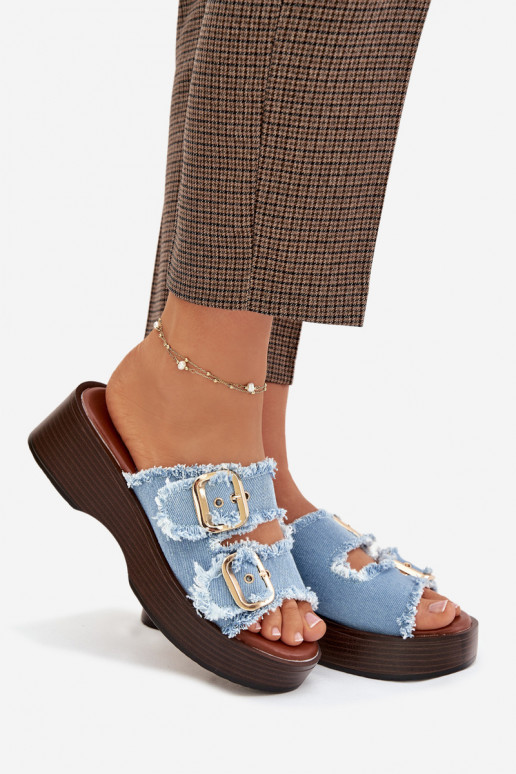 Dámske papuče s platformou Ze zlatej farbymi s prackamimi Modrá Renelisse