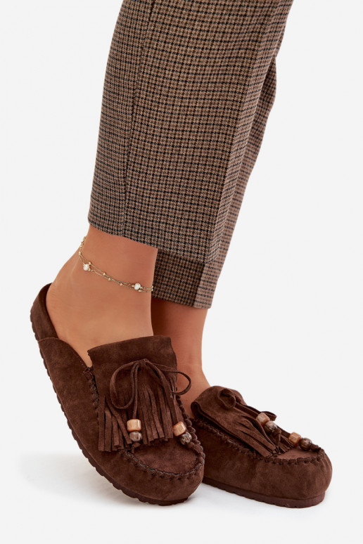 Dámske papuče Mule so strapcami I koralové farbyikami CzekoladoIne Belissa