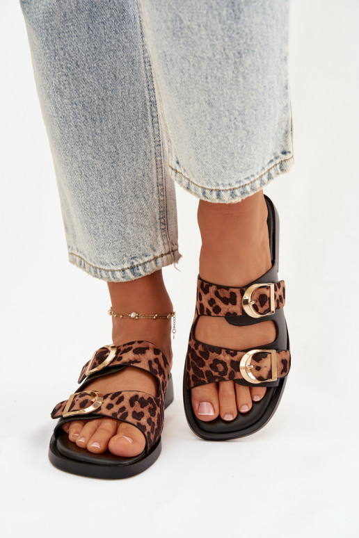 Dámske papuče Ze zlatej farbymi s prackamimi so vzormi leopardej kožušiny v čiernej a hnedej farbe Danelle