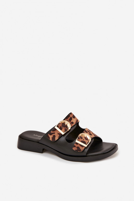 Dámske papuče Ze zlatej farbymi s prackamimi so vzormi leopardej kožušiny v čiernej a hnedej farbe Danelle