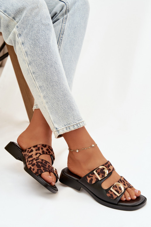 Dámske papuče Ze zlatej farbymi s prackamimi so vzormi leopardej kožušiny v čiernej a hnedej farbe Danelle