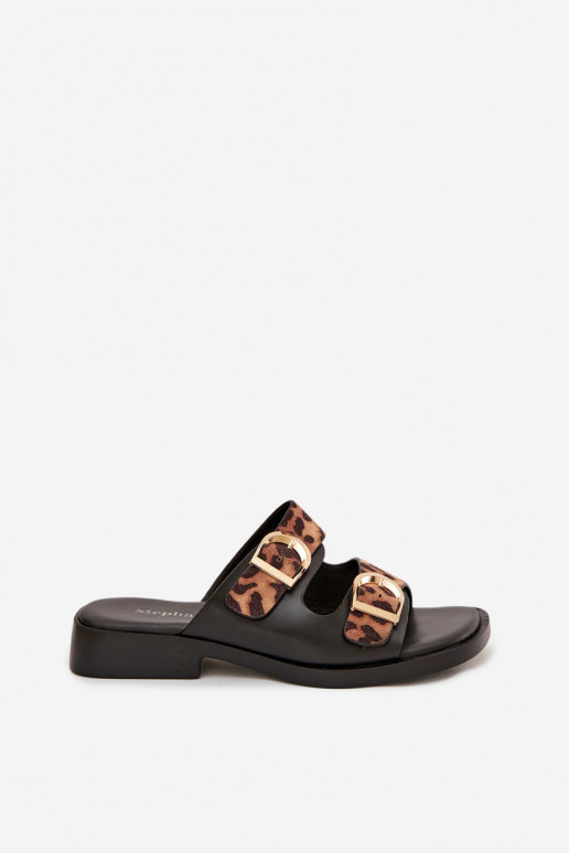 Dámske papuče Ze zlatej farbymi s prackamimi so vzormi leopardej kožušiny v čiernej a hnedej farbe Danelle