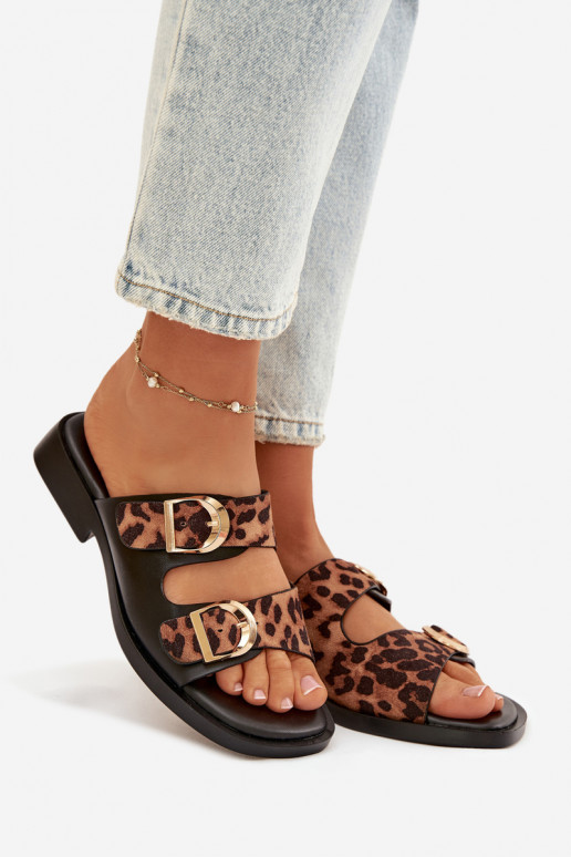 Dámske papuče Ze zlatej farbymi s prackamimi so vzormi leopardej kožušiny v čiernej a hnedej farbe Danelle