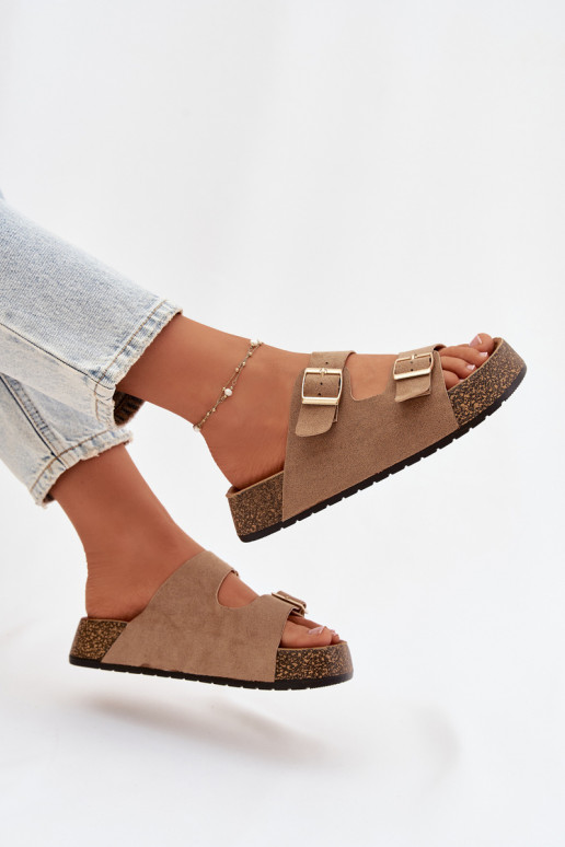 Dámske papuče s platformou Ze zlatej farbymi s prackamimi béžová Tovessa