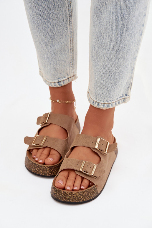 Dámske papuče s platformou Ze zlatej farbymi s prackamimi béžová Tovessa