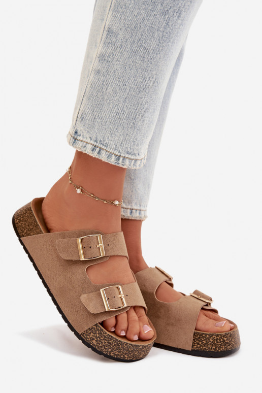 Dámske papuče s platformou Ze zlatej farbymi s prackamimi béžová Tovessa