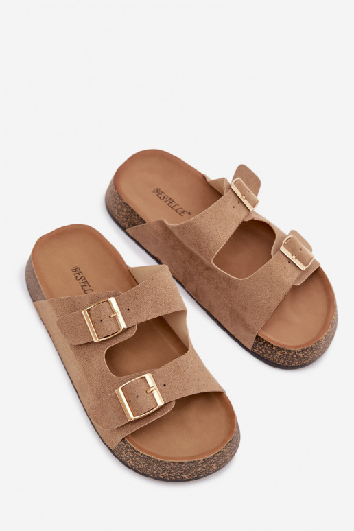 Dámske papuče s platformou Ze zlatej farbymi s prackamimi béžová Tovessa