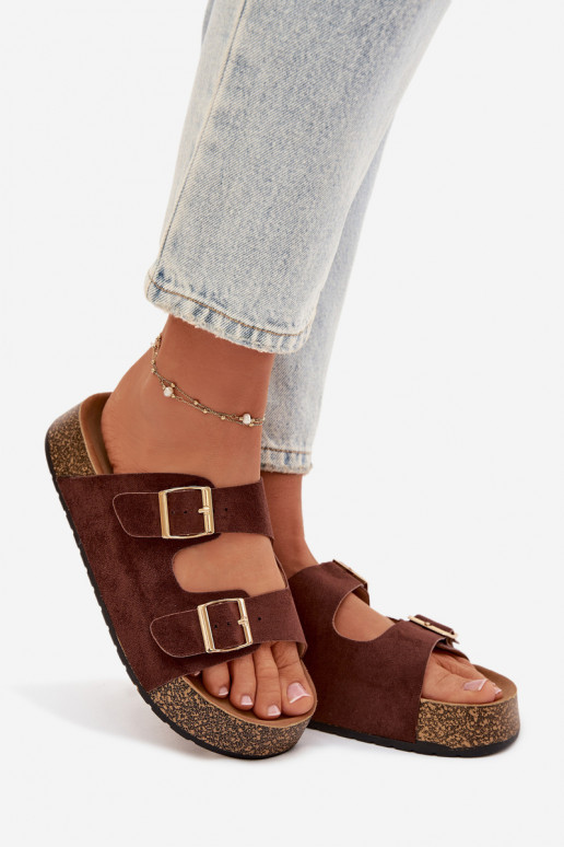 Dámske papuče s platformou Ze zlatej farbymi s prackamimi Hnedá farba Tovessa