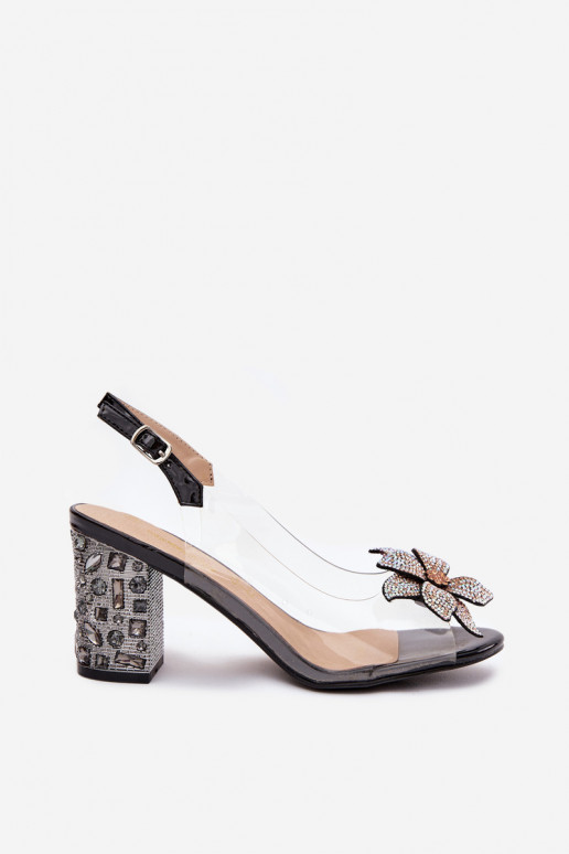 Čierne priesvitné sandále D&A MR38-321 s podpätkami a ornamentmi