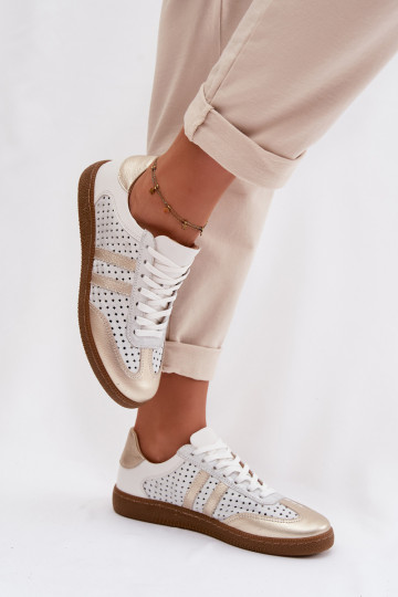 Kožené s prvkami prelamovania Tenisky model obuvi Dámske Zazoo N1318 šedá-zlatej farby