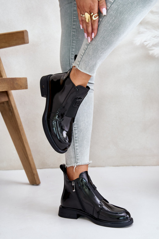 Kožené s lakovým efektom Dámske čižmy Zapnuté Hrad D&A JC42-24 čierna