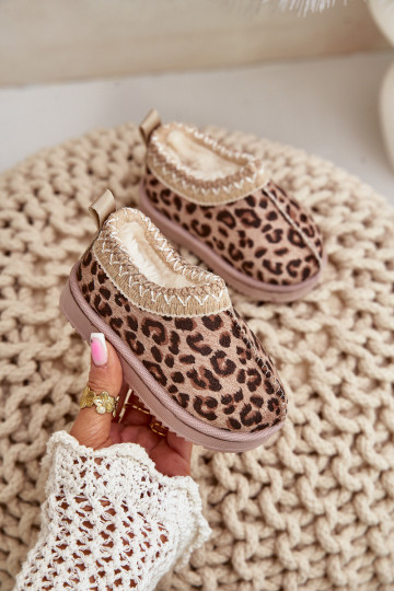 Snehule Čižmy deti so vzormi leopardej kožušiny s platformou zahriať sa s kožušinou vo vnútri Hnedá farba Vilabria