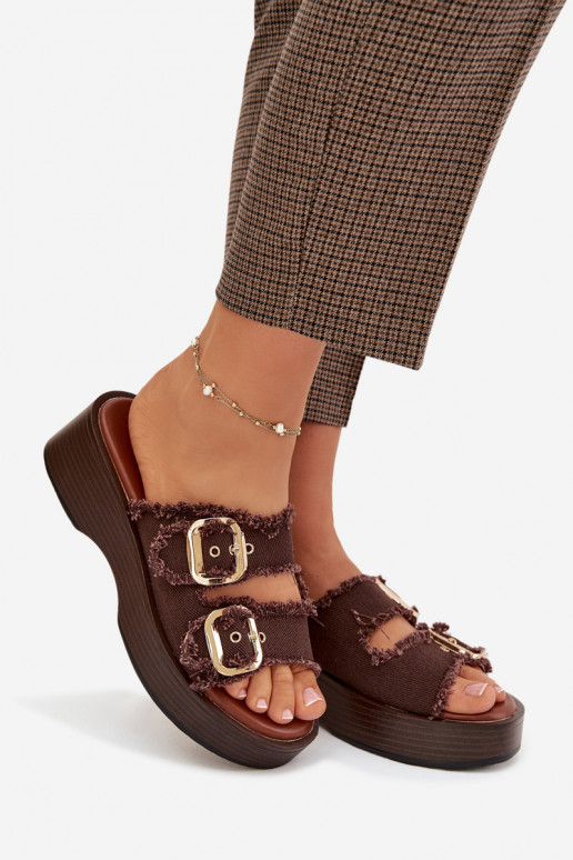 Dámske šľapky s platformou zlatých farieb so sponami čokoládových farieb Renelisse