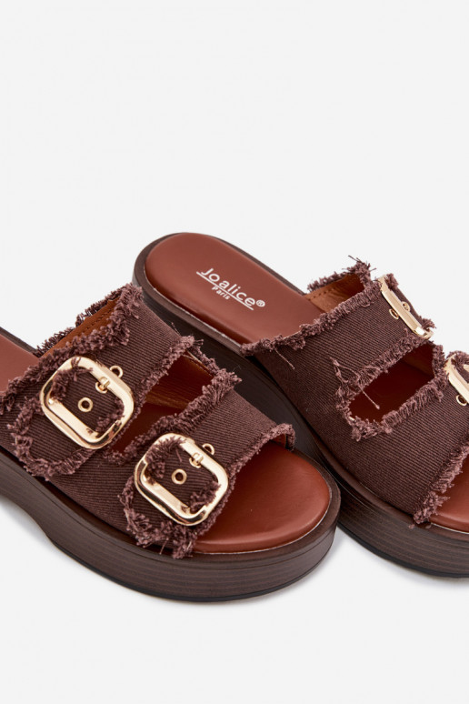 Dámske šľapky s platformou zlatých farieb so sponami čokoládových farieb Renelisse