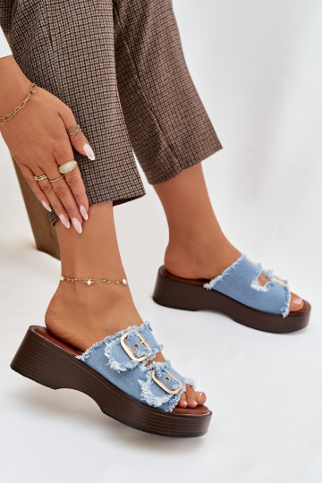 Dámske šľapky s platformou zlatých farieb so sponami modrých farieb Renelisse