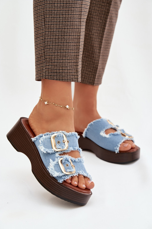 Dámske šľapky s platformou zlatých farieb so sponami modrých farieb Renelisse