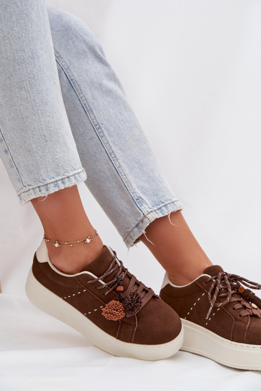 Hnedé Corinna dámske platformové športové topánky s ozdobnými pom-pommi