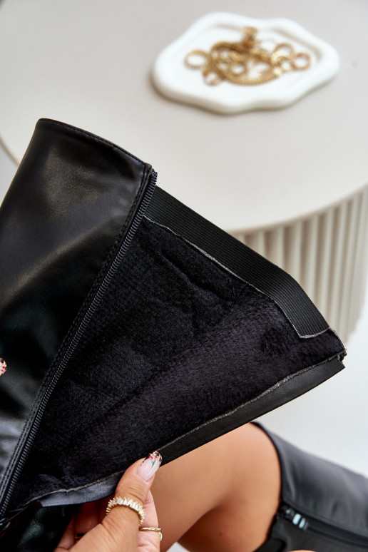 Dámske zahriať sa čižmy so širokými podpätkami so zlatými prackami čierna Arsisna