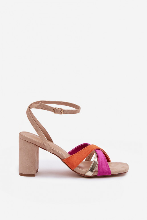 Dámske sandále na vysokom opätku S pruhmi z eko semišuoIne béžová Karilora