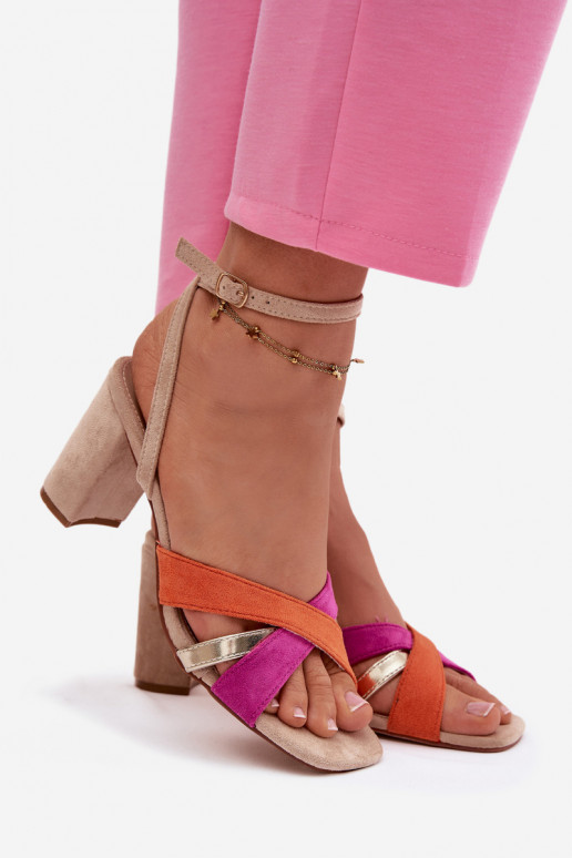 Dámske sandále na vysokom opätku S pruhmi z eko semišuoIne béžová Karilora