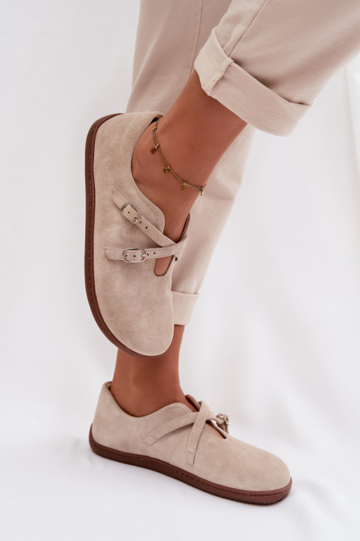 Kožené zo semišu topánky Barefoot Dámske S pruhmi Zazoo N1271 slonovina