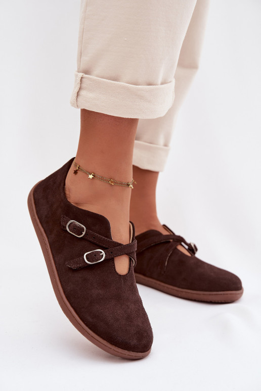 Kožené zo semišu topánky Barefoot Dámske S pruhmi Zazoo N1271 CzekoladoIne