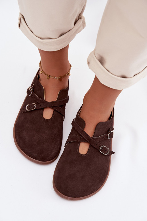 Kožené zo semišu topánky Barefoot Dámske S pruhmi Zazoo N1271 CzekoladoIne