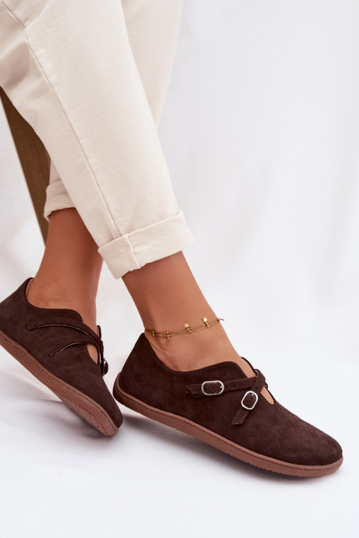 Kožené zo semišu topánky Barefoot Dámske S pruhmi Zazoo N1271 CzekoladoIne