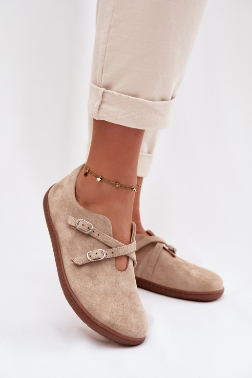 Kožené zo semišu topánky Barefoot Dámske S pruhmi Zazoo N1271 béžová