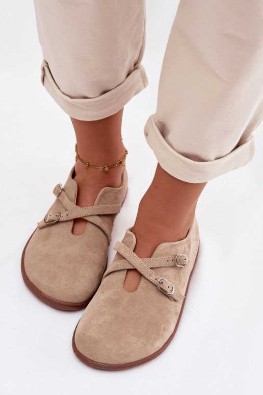 Kožené zo semišu topánky Barefoot Dámske S pruhmi Zazoo N1271 béžová