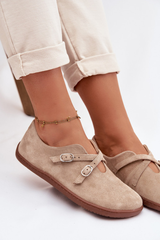 Kožené zo semišu topánky Barefoot Dámske S pruhmi Zazoo N1271 béžová