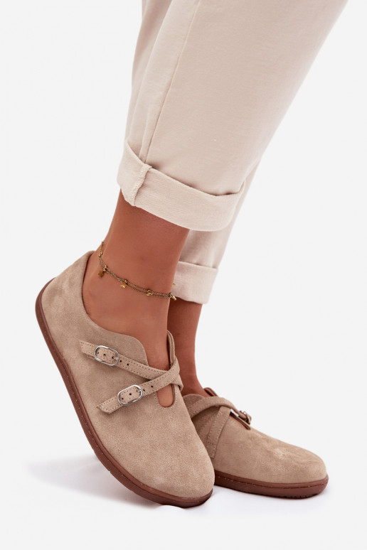 Kožené zo semišu topánky Barefoot Dámske S pruhmi Zazoo N1271 béžová