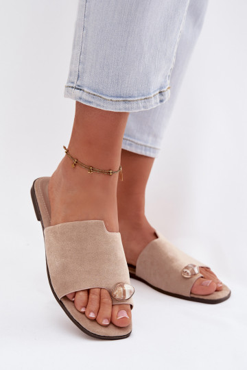 Papuče Dámsky byt S Ornatem Detalem z eko semišuoIne béžová Selavine